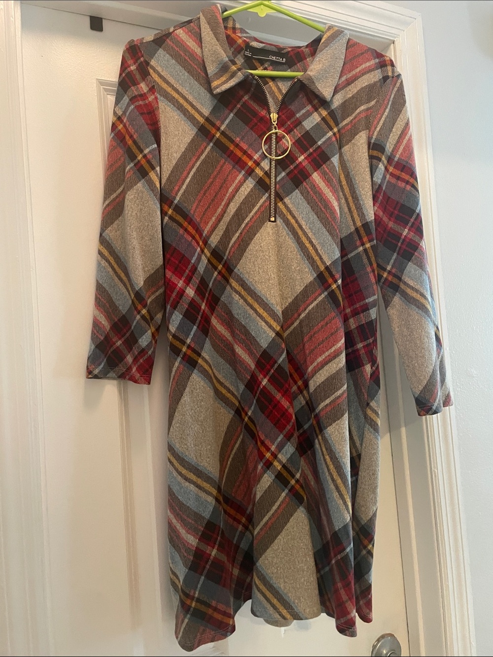 Chetta B Plaid Zip-Front A-Line Dress in Red, Gray, Blue